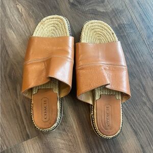 Coach Cognac Leather Slide Sandals with Woven Footbed